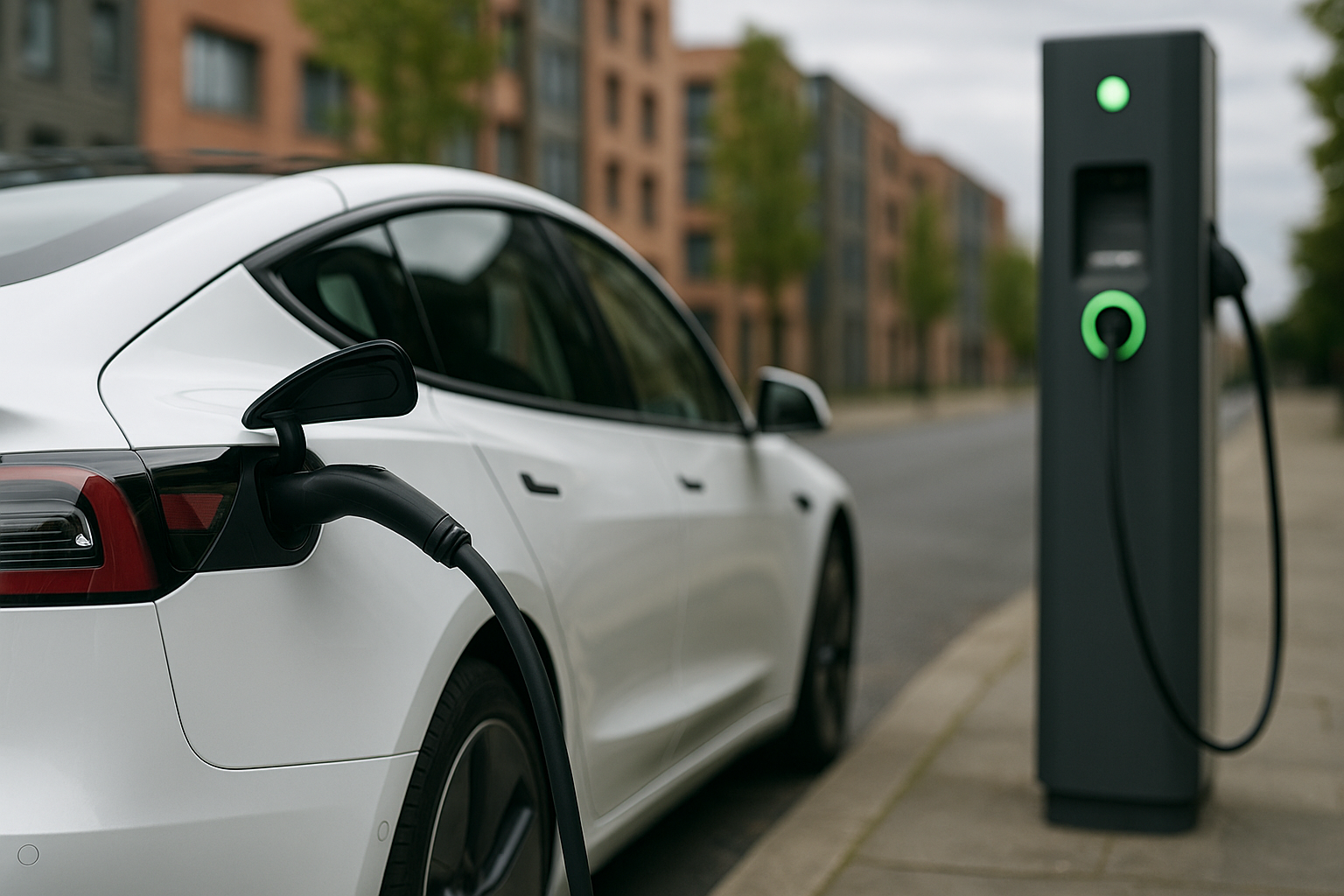 Electric vehicle charging at a roadside station in the UK, with black cable connected to a white EV under overcast sky – used for EV safety training and workplace awareness courses