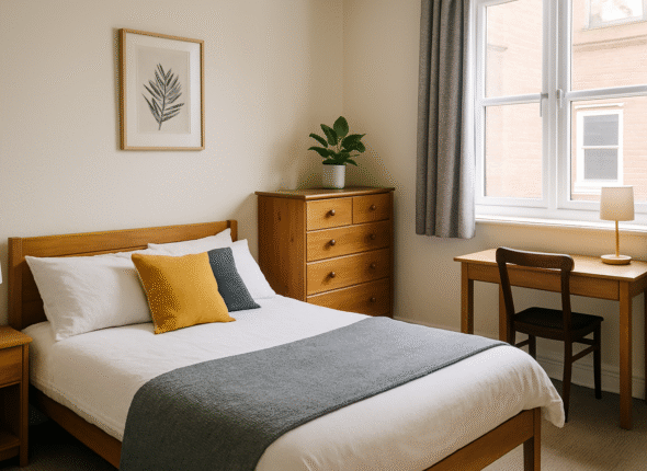 Feature image for the Fire Safety Essentials online course showing fire safety icons (alarm bell, fire door, safety shield) with the title “Fire Safety Essentials for HMOs, Serviced Accommodation & Airbnbs.”