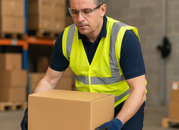 Worker in PPE lifting a cardboard box safely in a warehouse, demonstrating correct manual handling technique.