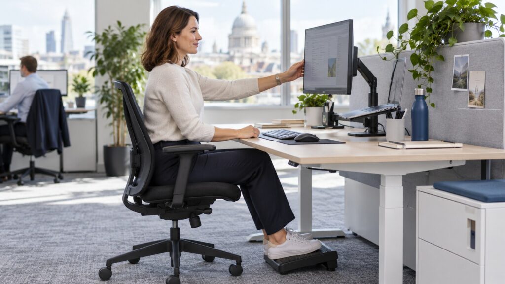 Office worker adjusting a monitor at an ergonomic workstation with a supportive chair, footrest, separate keyboard and mouse, and laptop on a stand