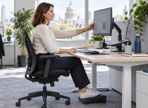 Office worker adjusting a monitor at an ergonomic workstation with a supportive chair, footrest, separate keyboard and mouse, and laptop on a stand