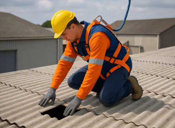 Construction worker in safety harness kneeling on a fragile corrugated roof, inspecting a damaged section.