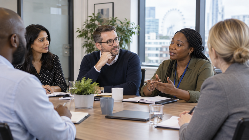 A diverse group of managers discussing respectful workplace standards in a meeting room