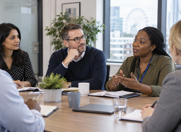 A diverse group of managers discussing respectful workplace standards in a meeting room