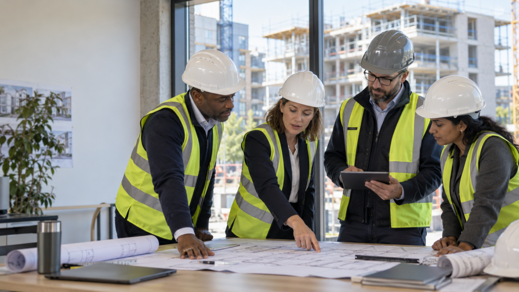 Building project dutyholders reviewing plans and compliance information beside a construction site