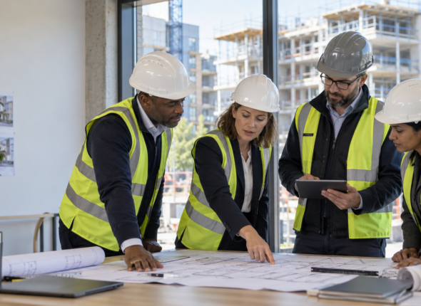 Building project dutyholders reviewing plans and compliance information beside a construction site