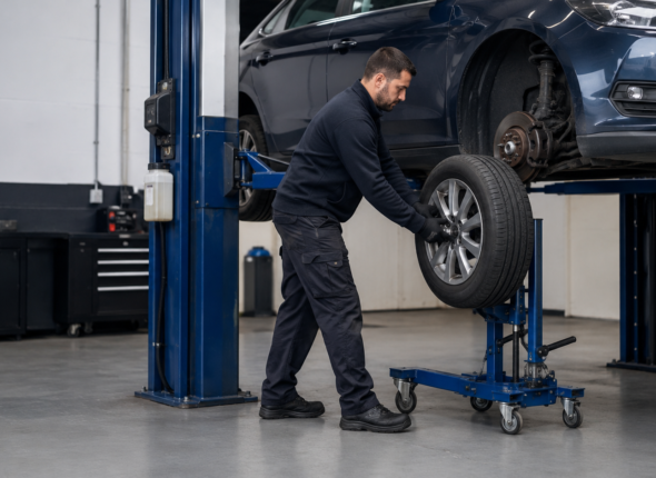 Vehicle technician using a wheel lifter to refit a car wheel safely in a professional workshop