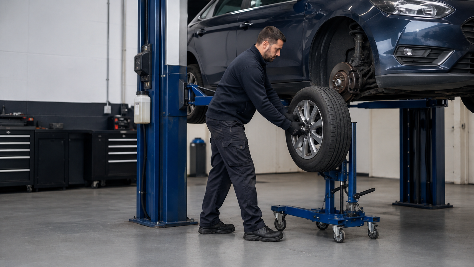 Vehicle technician using a wheel lifter to refit a car wheel safely in a professional workshop