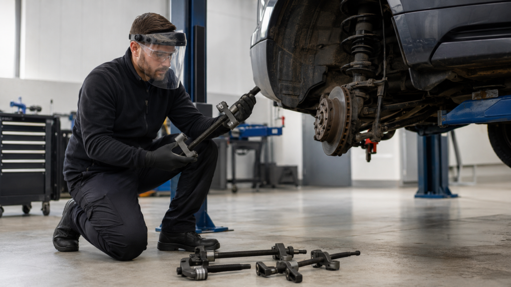 Vehicle technician preparing a coil spring compressor safely in a professional workshop