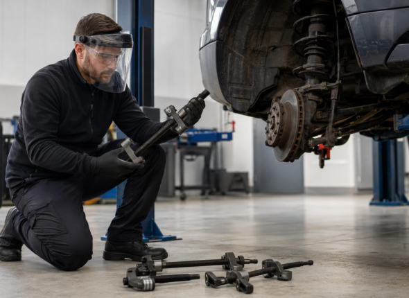 Vehicle technician preparing a coil spring compressor safely in a professional workshop