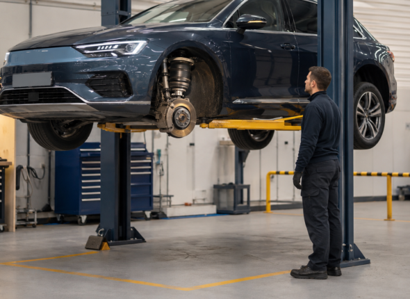 Vehicle technician inspecting an air suspension system on a properly supported vehicle in a professional workshop