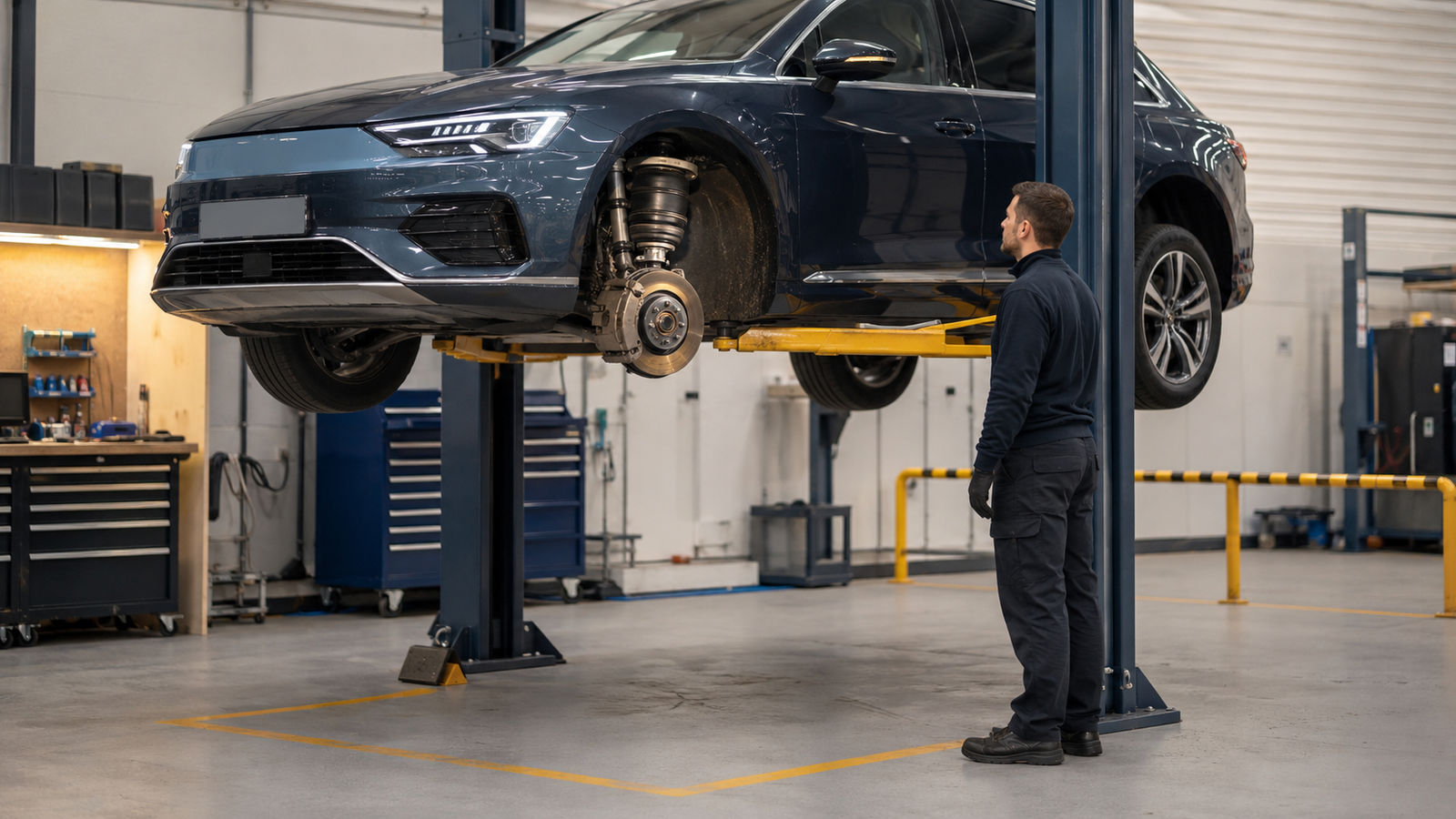 Vehicle technician inspecting an air suspension system on a properly supported vehicle in a professional workshop