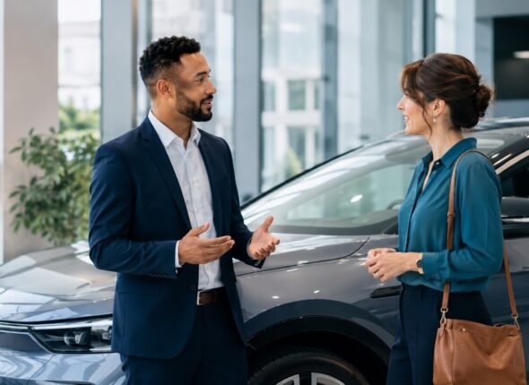 UK dealership adviser explaining an electric vehicle to a customer during an EV sales conversation.