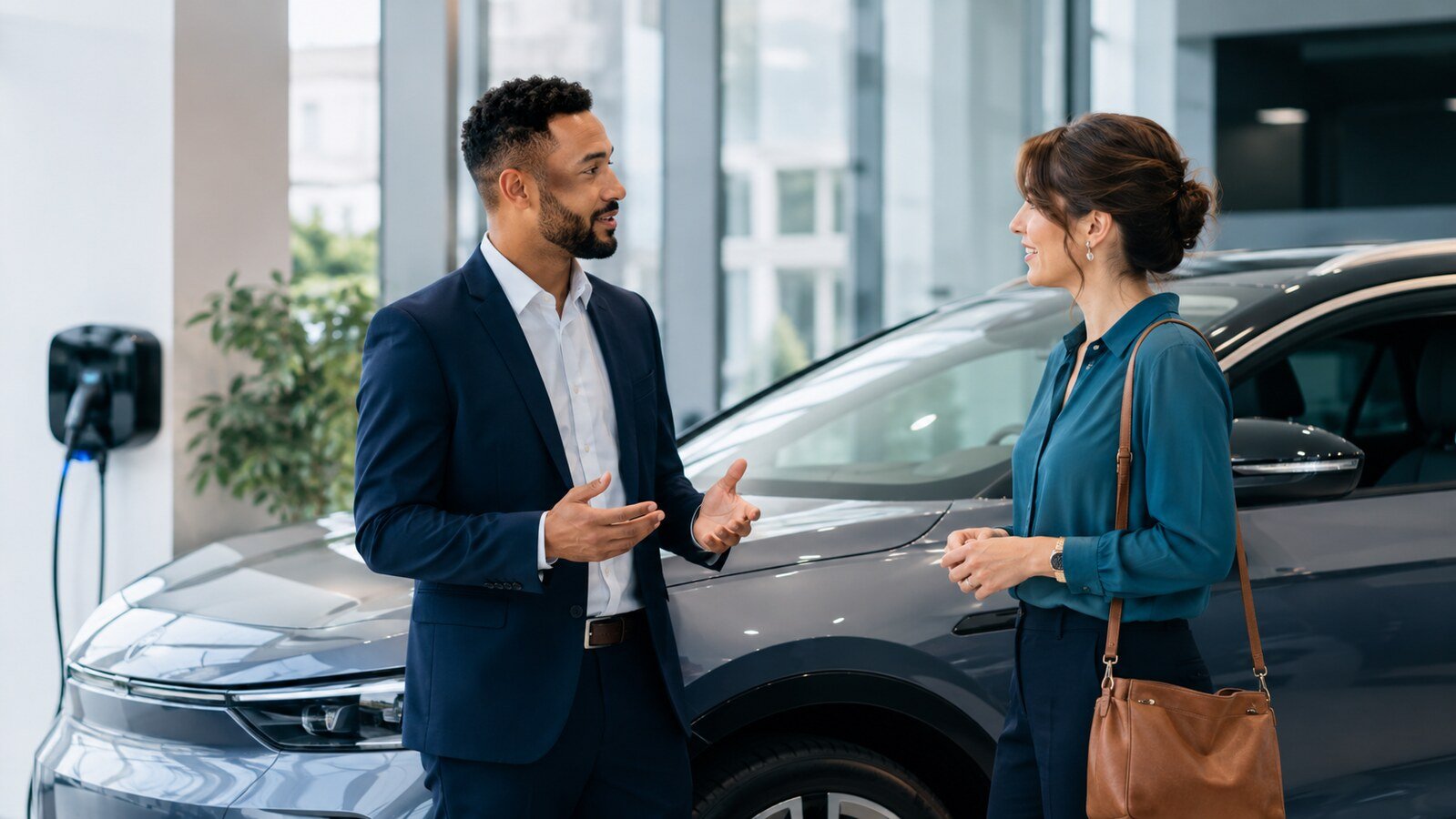 UK dealership adviser explaining an electric vehicle to a customer during an EV sales conversation.