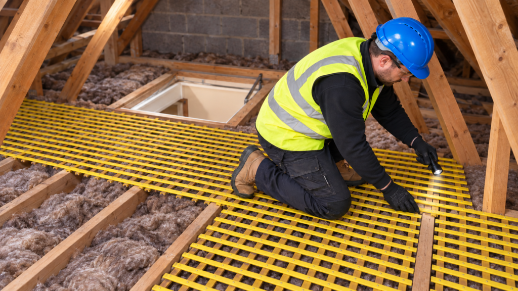 Operative using CoverSafe Spark insulated loft safety matting across exposed timber joists