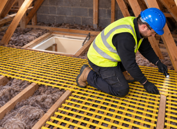Operative using CoverSafe Spark insulated loft safety matting across exposed timber joists