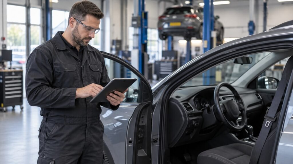 Automotive worker reviewing manufacturer safety information beside an open car in a professional workshop