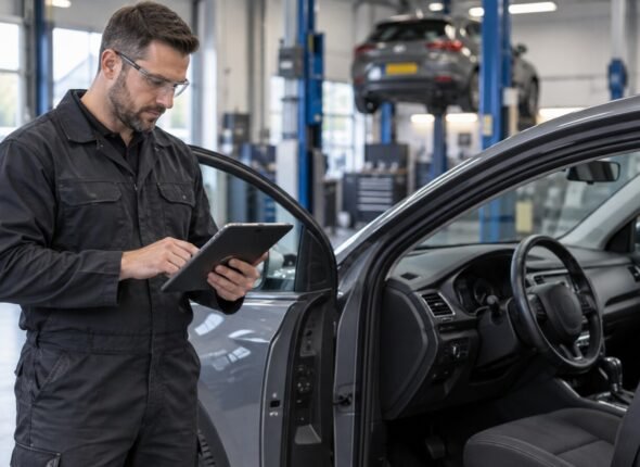 Automotive worker reviewing manufacturer safety information beside an open car in a professional workshop