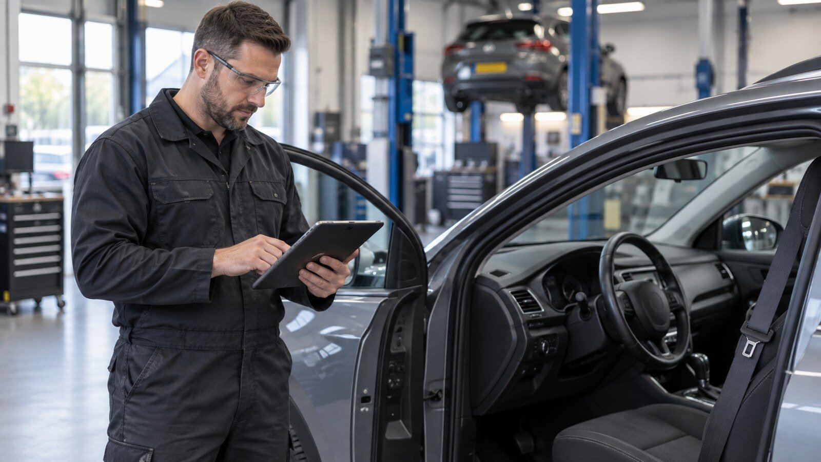 Automotive worker reviewing manufacturer safety information beside an open car in a professional workshop