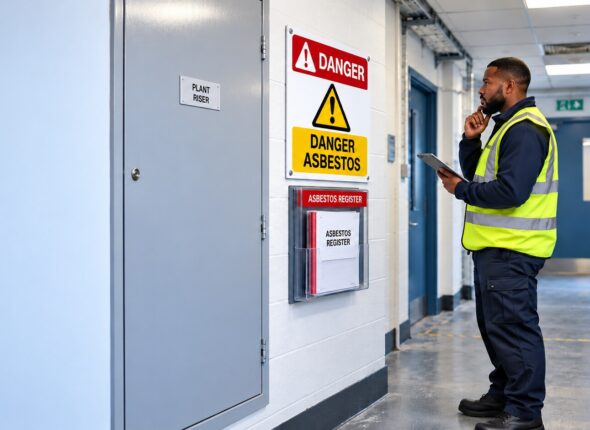 Employee checking an asbestos register beside a clearly marked asbestos warning area before starting work