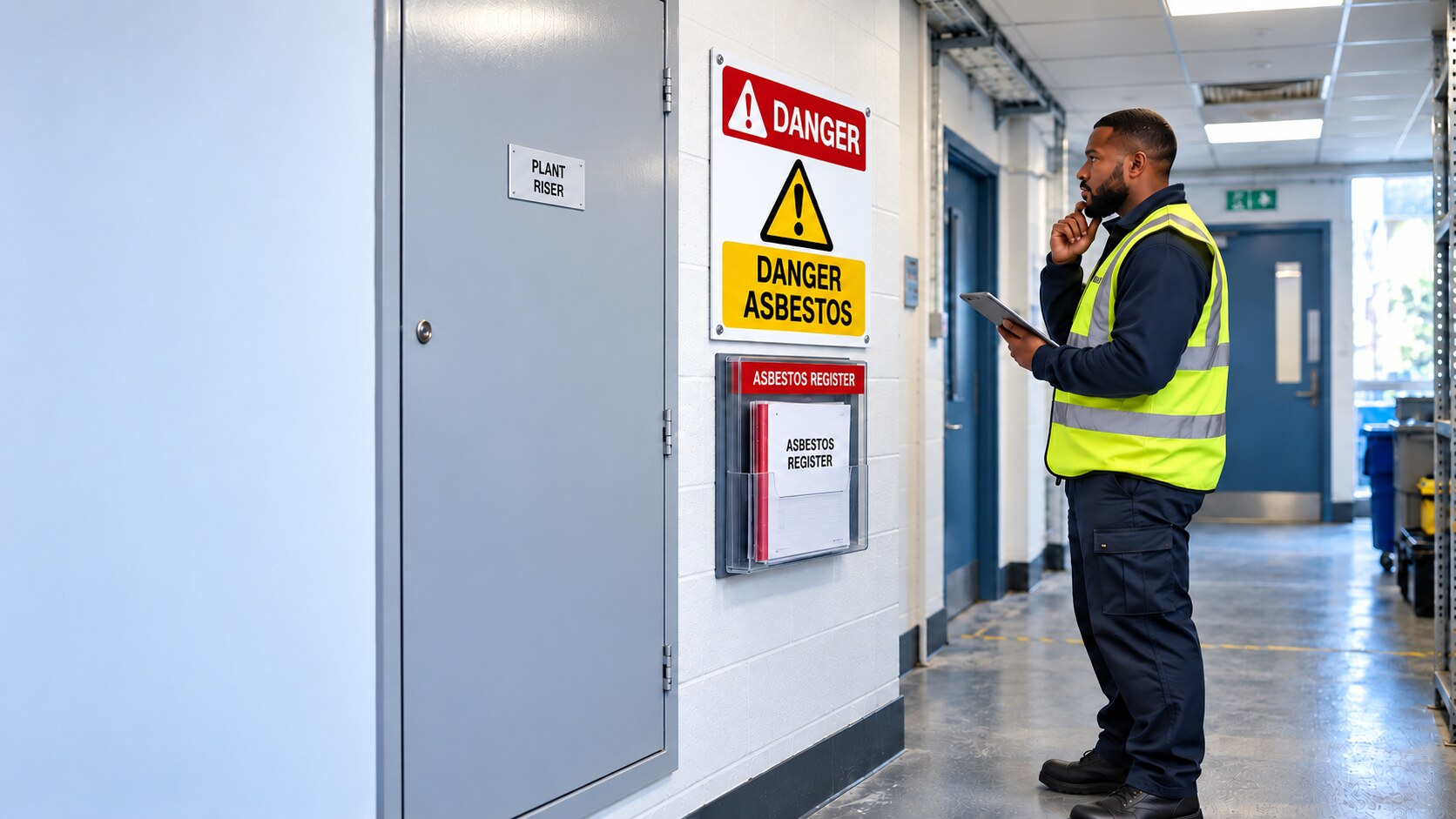 Employee checking an asbestos register beside a clearly marked asbestos warning area before starting work