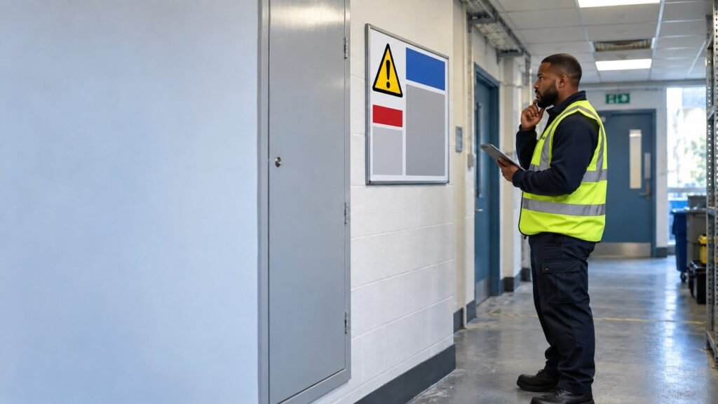 Employee checking workplace asbestos safety information before starting maintenance work