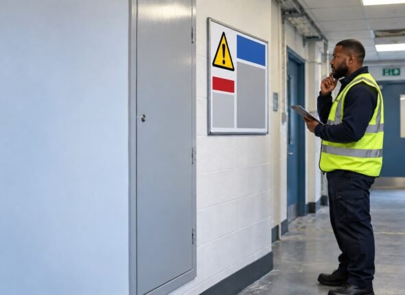 Employee checking workplace asbestos safety information before starting maintenance work