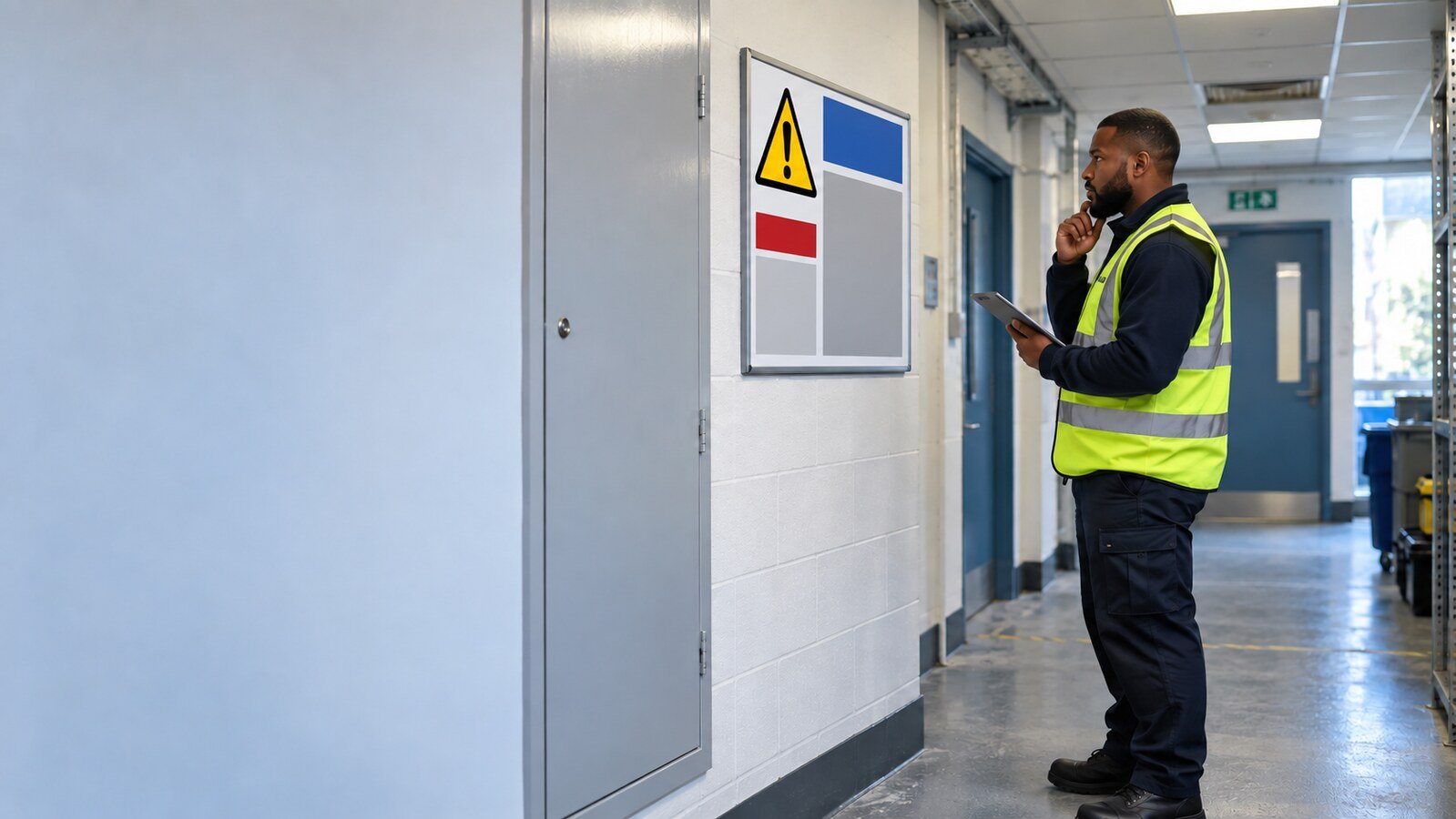 Employee checking workplace asbestos safety information before starting maintenance work