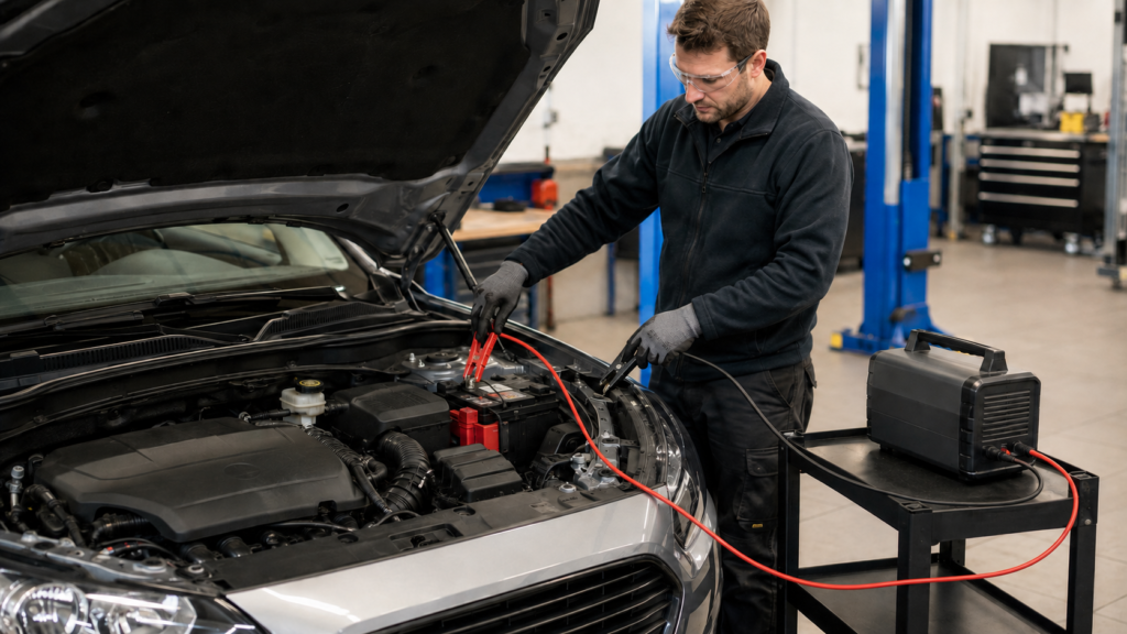 Vehicle technician safely connecting a battery charger to a car battery in a professional workshop