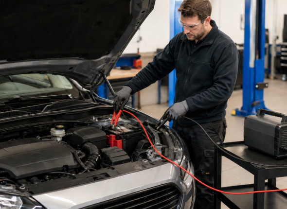 Vehicle technician safely connecting a battery charger to a car battery in a professional workshop