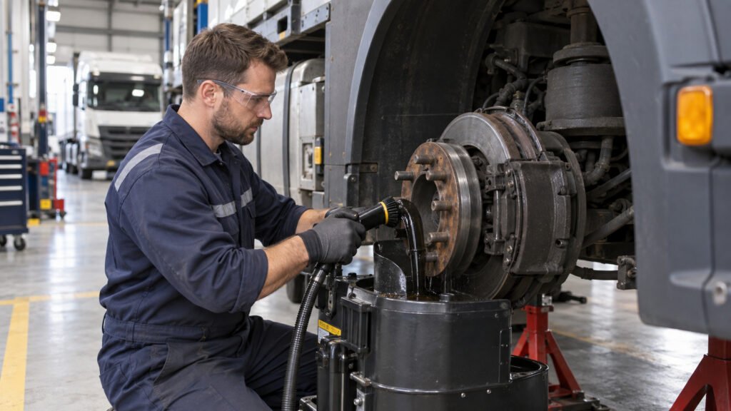 Haulage technician using a contained wet-cleaning method on an exposed heavy-vehicle brake assembly