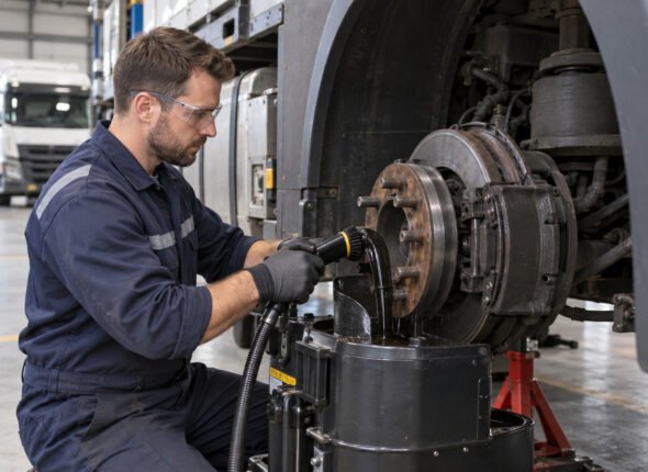 Haulage technician using a contained wet-cleaning method on an exposed heavy-vehicle brake assembly