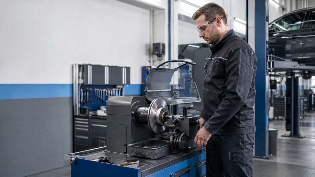 Technician wearing safety glasses operating a guarded brake disc skimming lathe in a vehicle workshop.