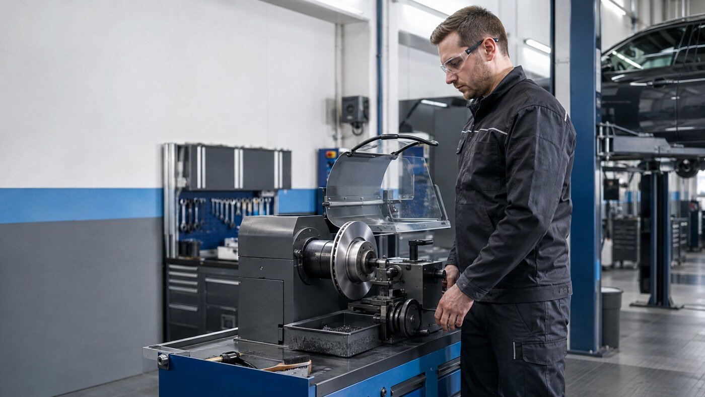 Technician wearing safety glasses operating a guarded brake disc skimming lathe in a vehicle workshop.
