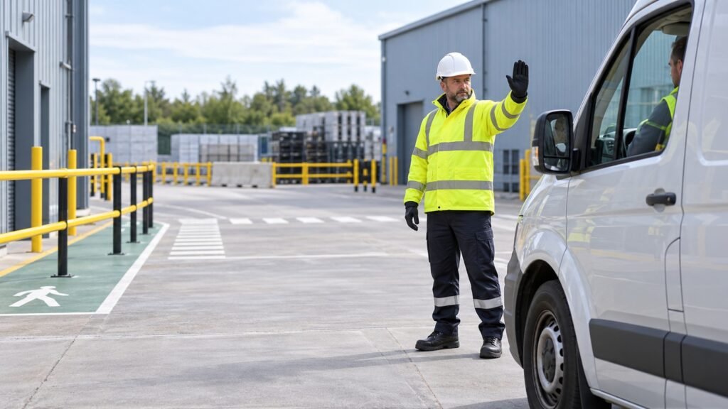 Workplace banksman giving a clear stop hand signal to a van driver in a segregated industrial yard