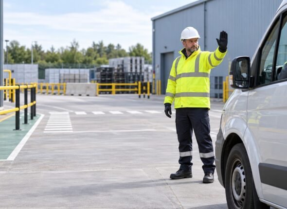 Workplace banksman giving a clear stop hand signal to a van driver in a segregated industrial yard