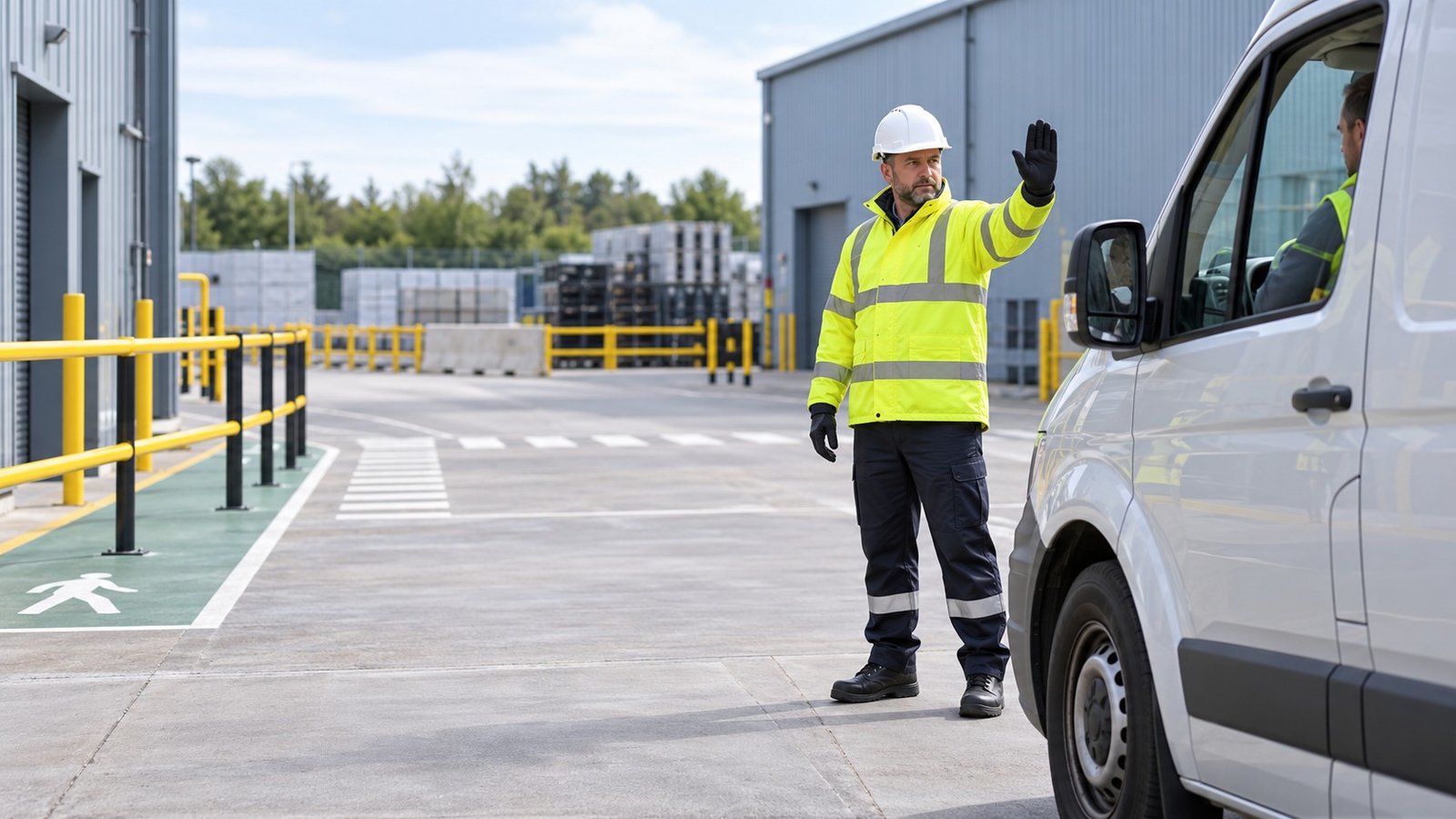 Workplace banksman giving a clear stop hand signal to a van driver in a segregated industrial yard
