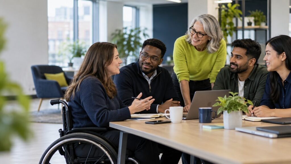 A diverse professional team working together, including a wheelchair user