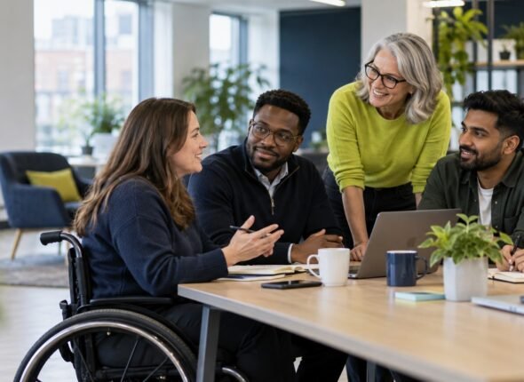 A diverse professional team working together, including a wheelchair user