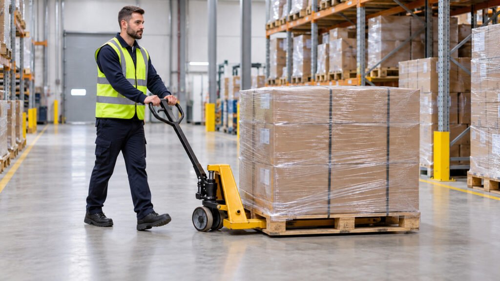 Worker safely moving a wrapped pallet with a low-lift manual pallet truck in a warehouse