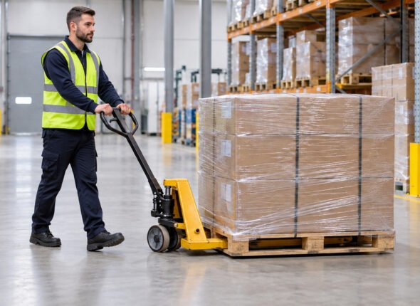 Worker safely moving a wrapped pallet with a low-lift manual pallet truck in a warehouse