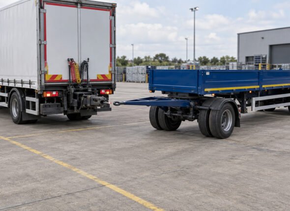 Driver preparing to couple a lorry to a turntable drawbar trailer in a depot yard