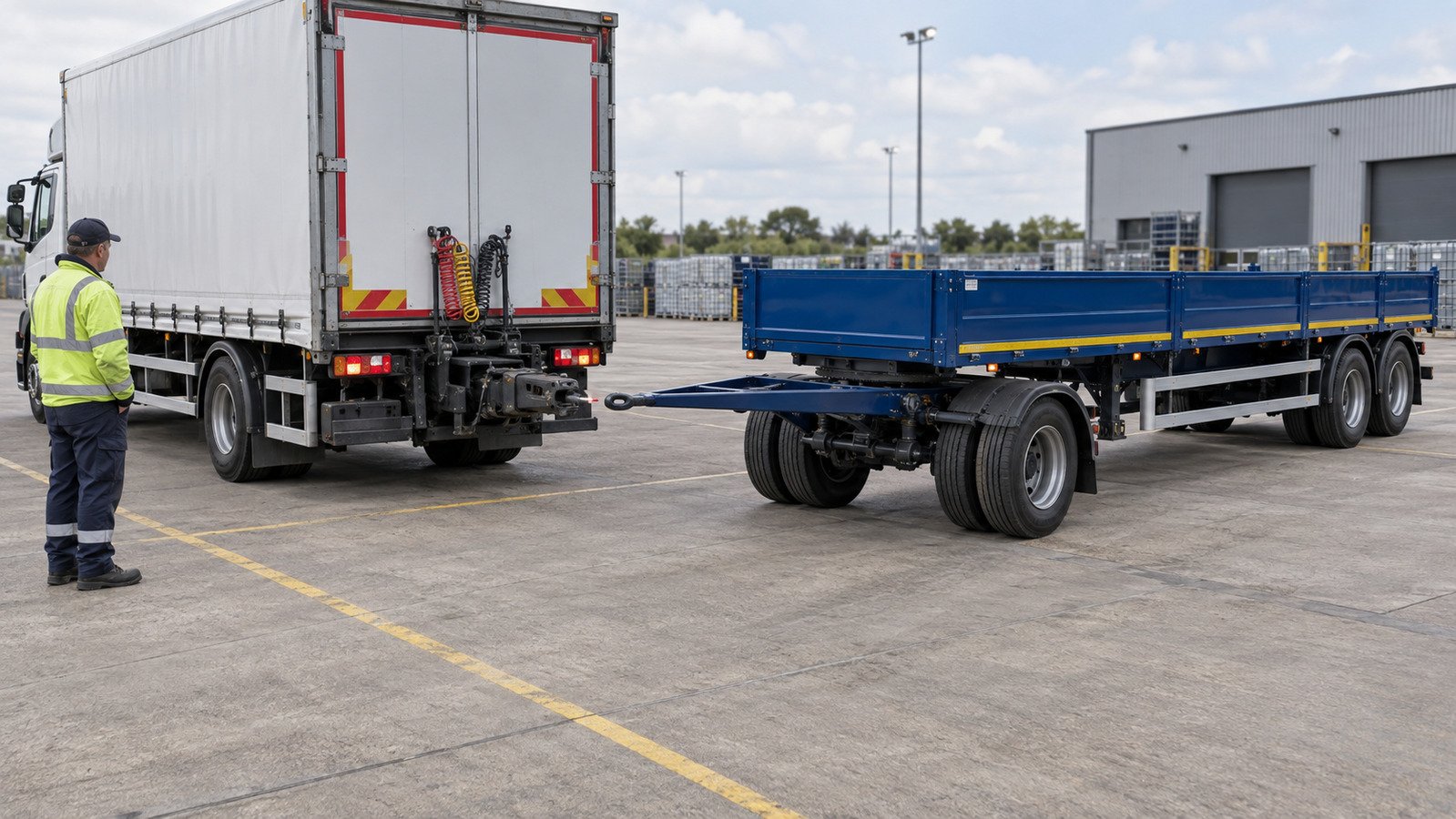 Driver preparing to couple a lorry to a turntable drawbar trailer in a depot yard