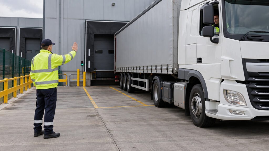 Banksman directing an HGV reversing manoeuvre using a stop hand signal
