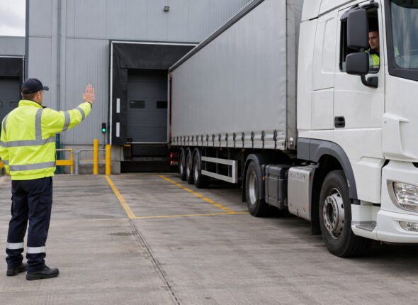 Banksman directing an HGV reversing manoeuvre using a stop hand signal