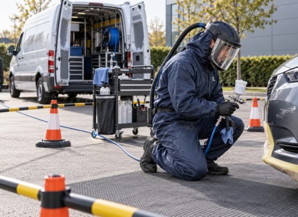 Mobile SMART repair technician spraying a masked vehicle panel while wearing air-fed respiratory protection