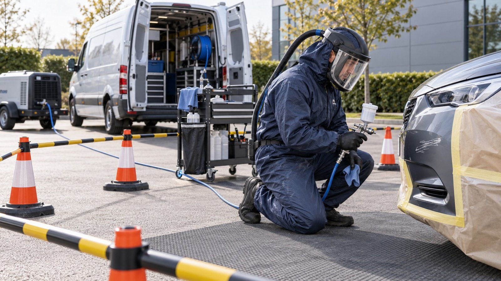 Mobile SMART repair technician spraying a masked vehicle panel while wearing air-fed respiratory protection
