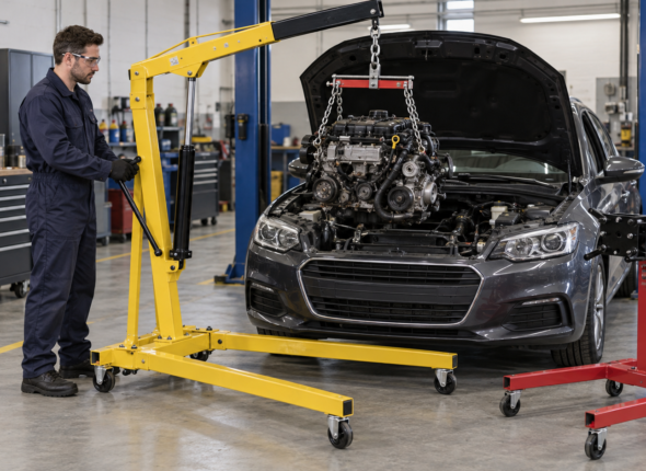 Engine crane and engine stand safety awareness in a vehicle workshop