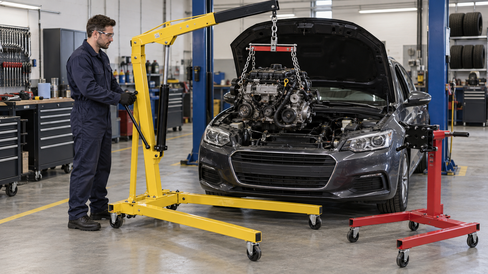 Engine crane and engine stand safety awareness in a vehicle workshop