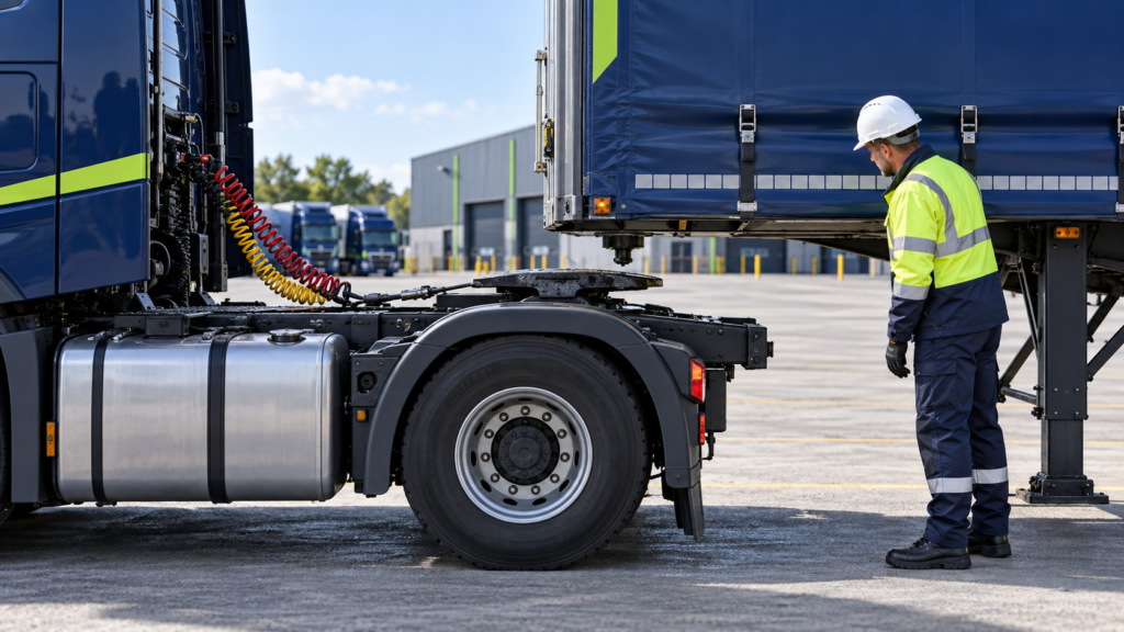 Driver inspecting a standard semi-trailer fifth-wheel coupling before connection